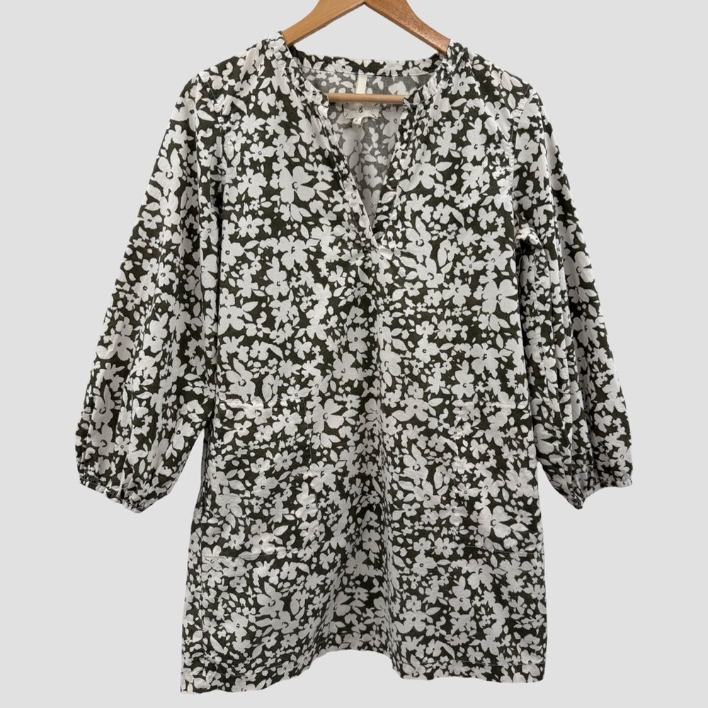 Lou & Grey Lightweight Cotton Floral Split Neck Tunic Dress White/Olive | Small